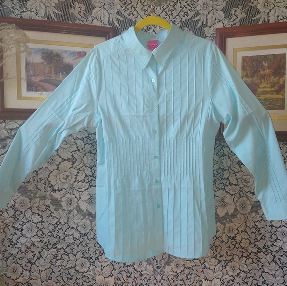 Du Jour Tops - Du Jour powder baby blue long sleeve shirt vertical ruffle button up button cuff